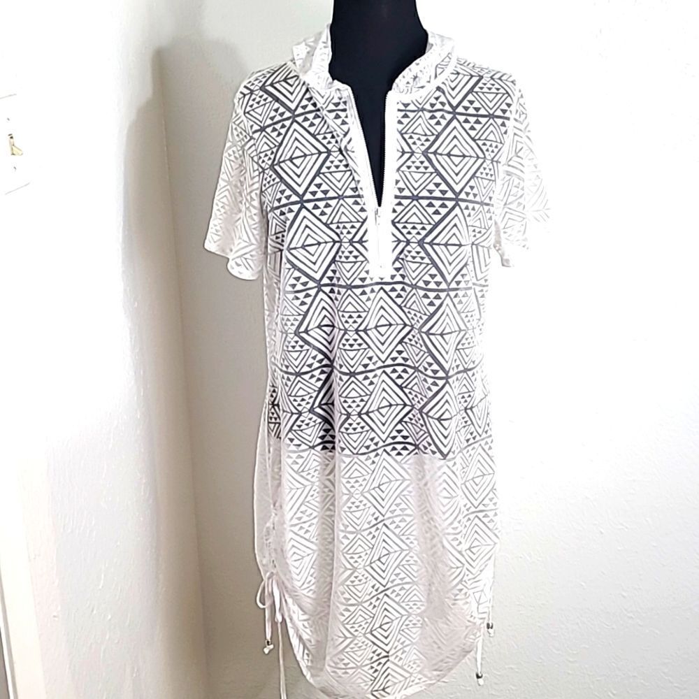 Dotti White See-Through Cover-up with Hoodie, Zipper Neckline,  Size Large